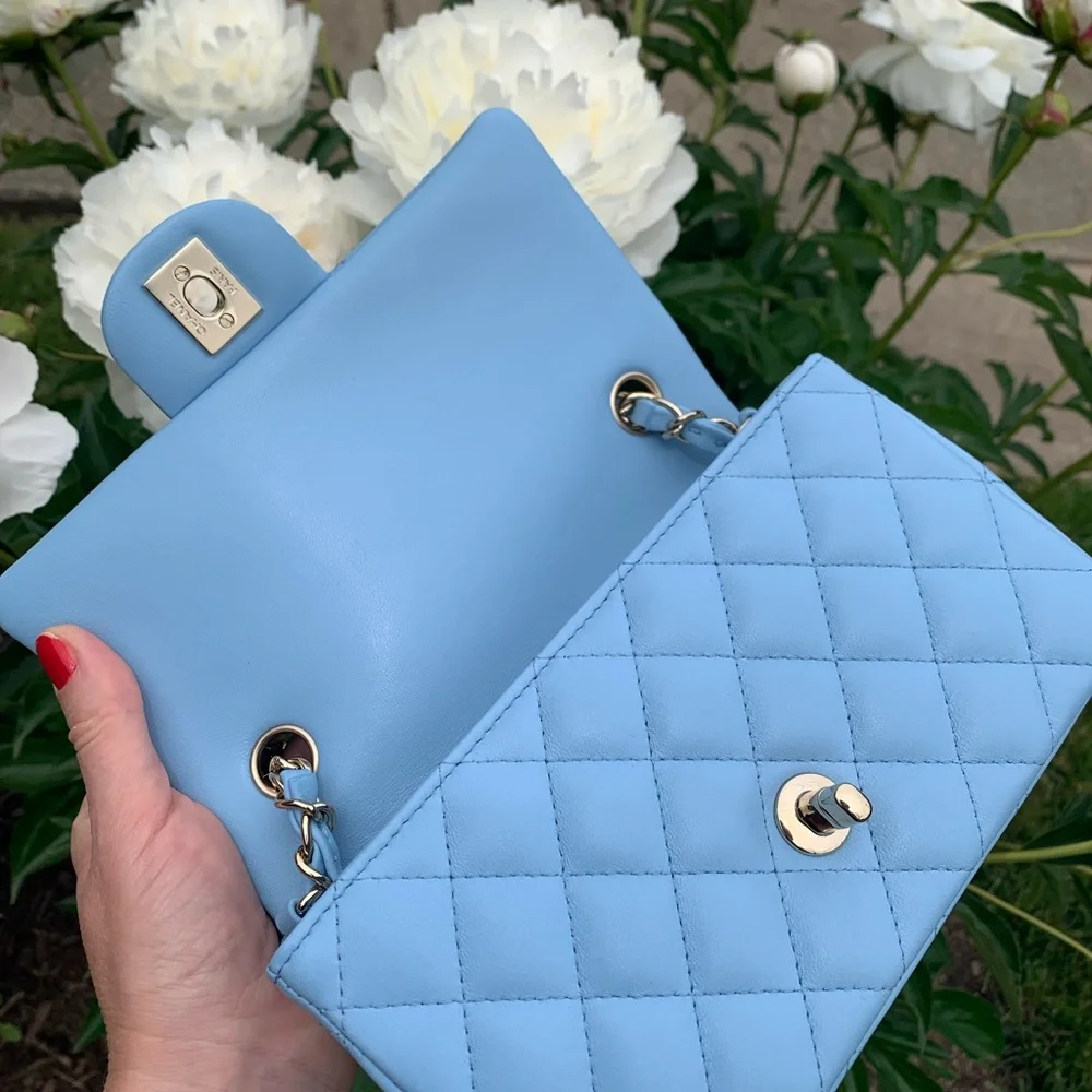 Sold on eBay 22S CHANEL Blue Classic Mini Flap Bag Lambskin Rectangular 2022 NWT - Picture 5 of 15